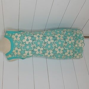 JADE Melody Tam small dress blue and white flowers with gold threading 60s Retro